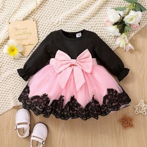 Baby Girl Long-sleeve Bowknot Lace Mesh Party Dress (Size:12-18 m)